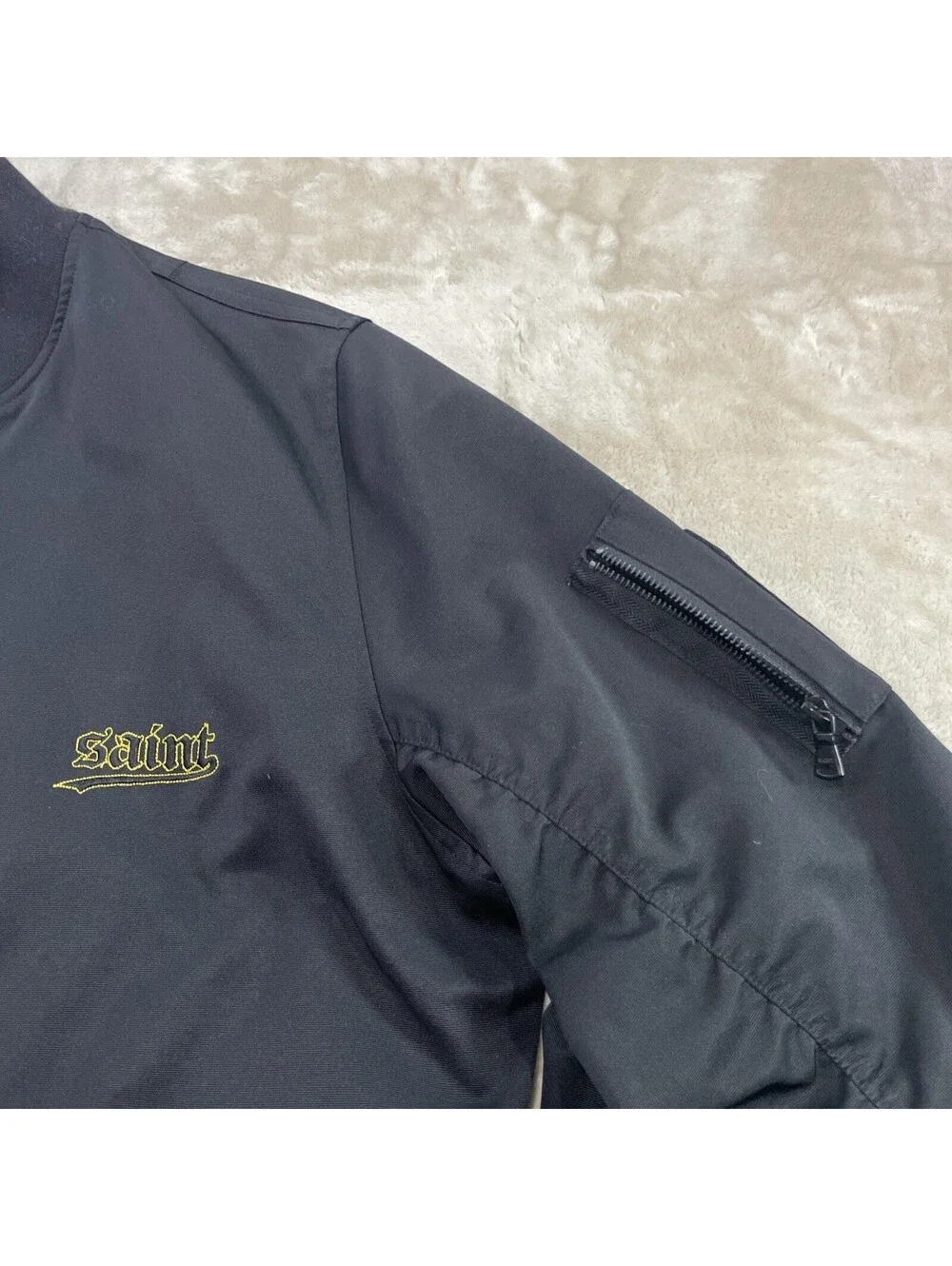 Saint Morta Full-Zip & Snap Black Bomber Jacket Gothic Logo Mens Size L *FLAW*